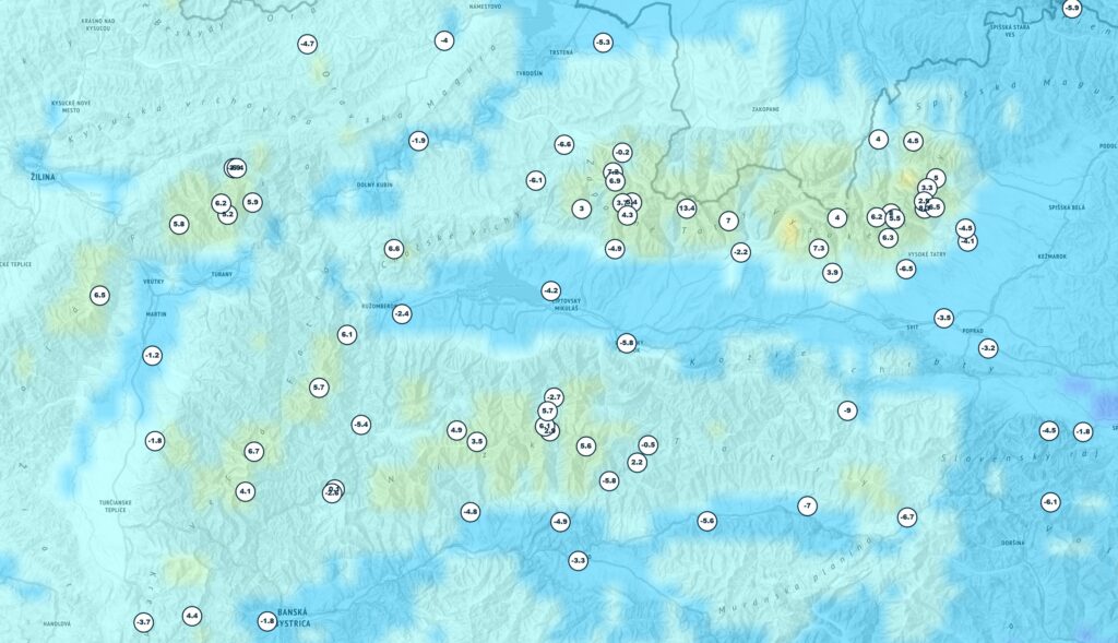 Inverzia - Mapka pohorí Slovenska s rannými teplotami 16.12.2025 07:00